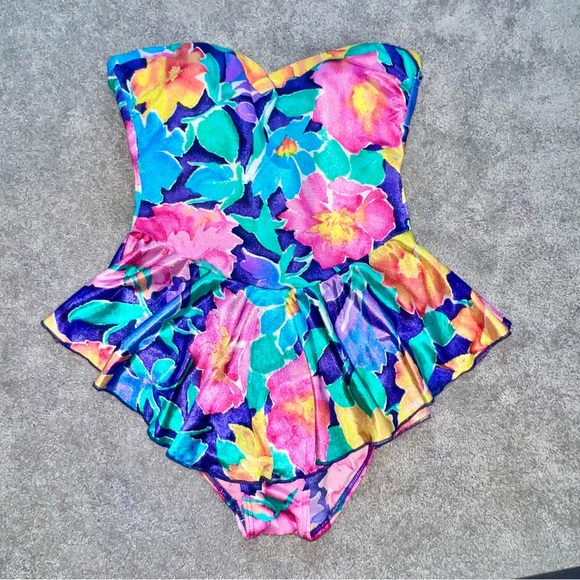 VTG 80’s Vibrant Colorful Floral Print Skirted One Piece Strapless Swimsuit - Picture 2 of 10